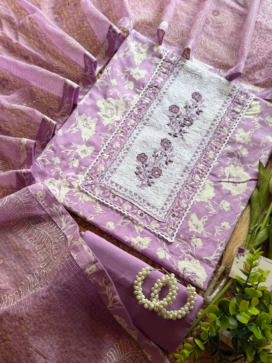 Chickan neck block print cotton suit with soft Kota dupatta