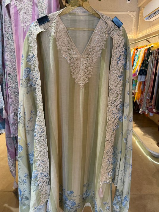 Stripy pure Mul pastel suit set with Dori weave and floral dupatta