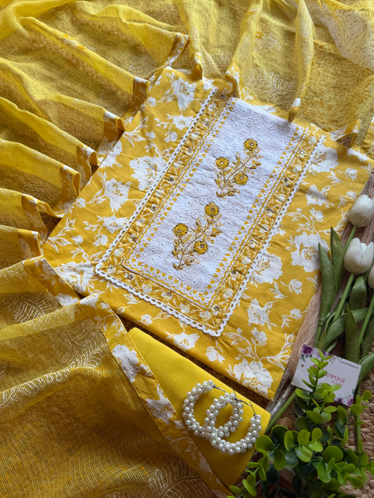 Chickan neck block print cotton suit with soft Kota dupatta