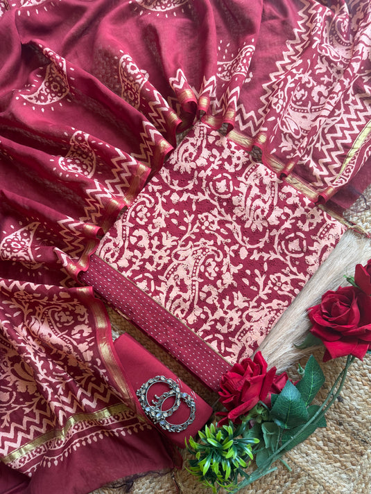 Hakooba Kalamkari print maroon cotton suit set