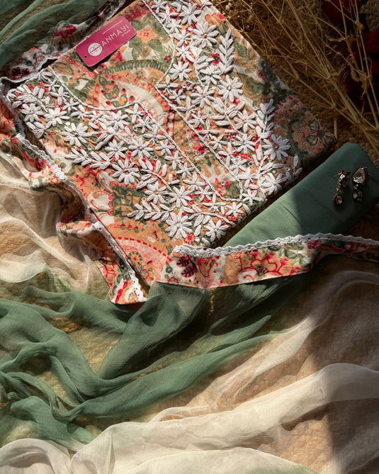 Tri colour cotton suit with chikankari work and chiffon dupatta