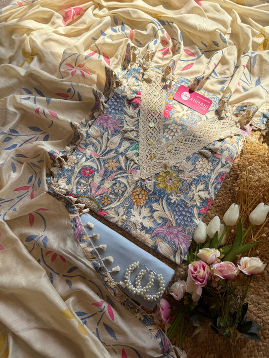 Digital print cotton suit set with handpainted cotton silk dupatta and tassel neck