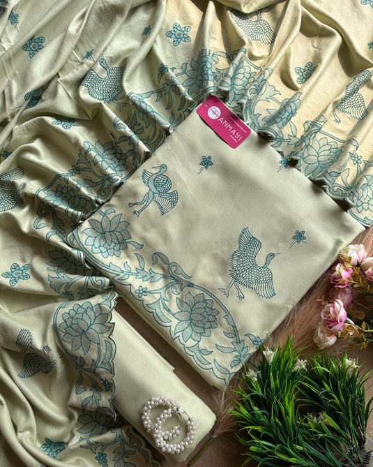 Pure pashmina swan embroidered cutwork suit set