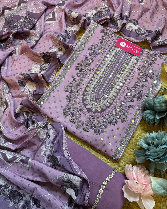 Real mirror work Pakistani muslin suit set