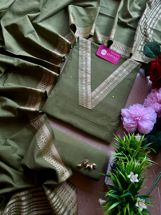 Soft Handloom Cotton v neck border suit set