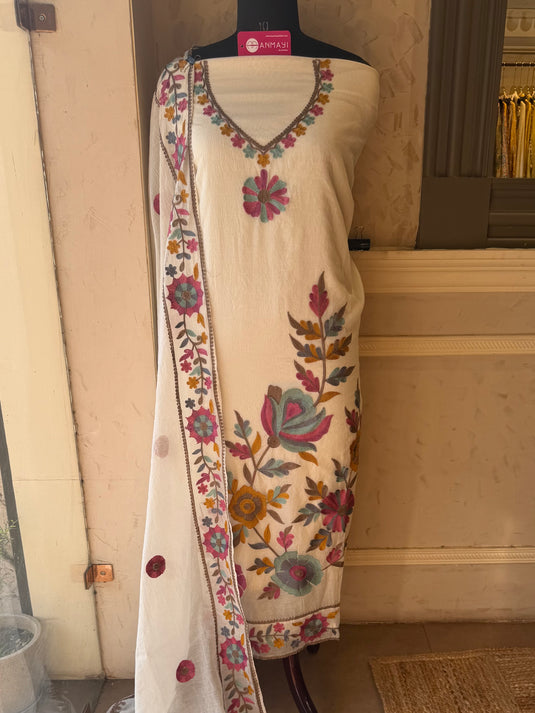 French coloured embroidery Mul Chanderi suit set
