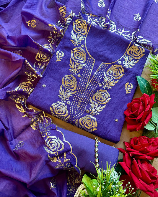 Rose Mul Chanderi pita work suit set