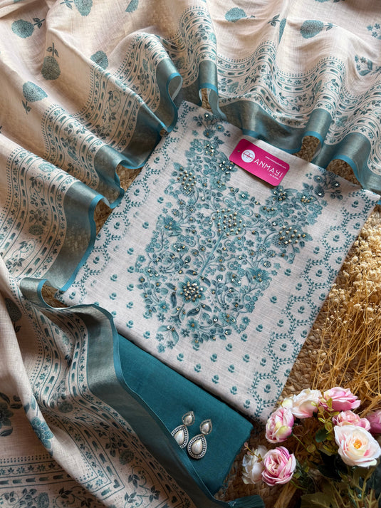 Beige base shimmer linen knot work neck suit