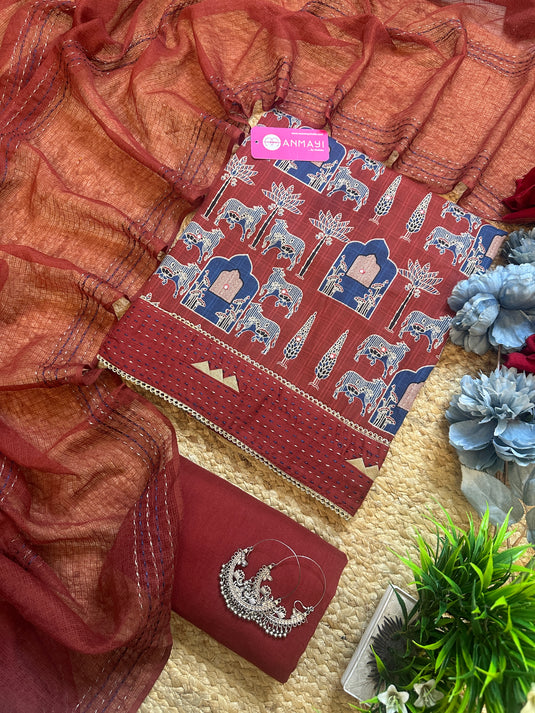 Pichwai print cambric cotton suit with weaved border