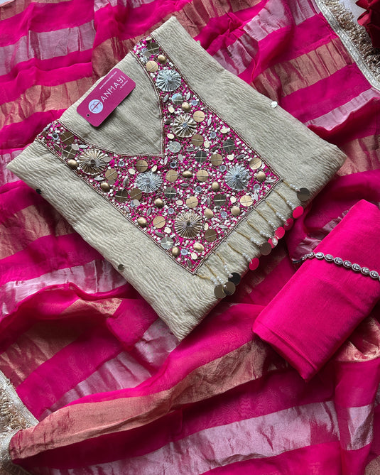 Crushed tissue traditional handwork neck with tassels and Banarasi dupatta