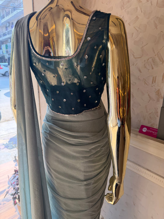 Kridha sage green drape saree with embellished ready to wear blouse