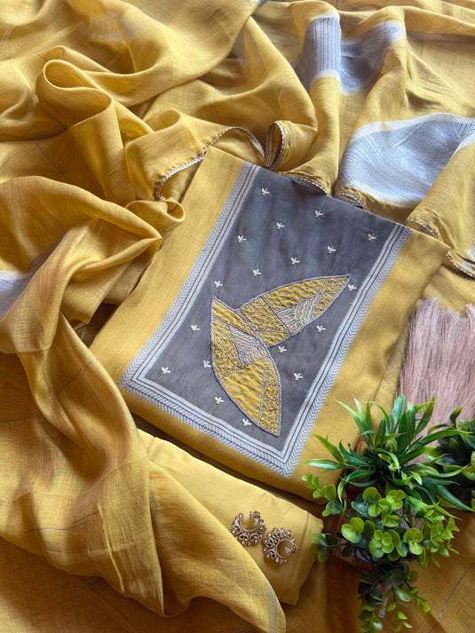 Golden mustard smoky grey leaf inspired neck pure Jamdani suit set