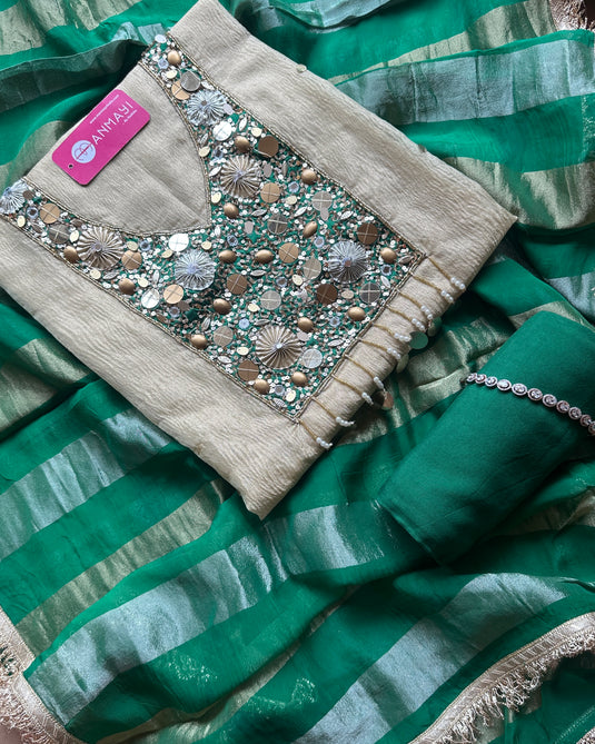 Crushed tissue traditional handwork neck with tassels and Banarasi dupatta