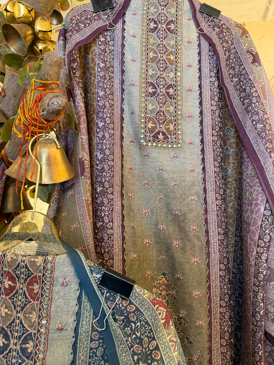 Highlighted Panel Chanderi Persian print suit set