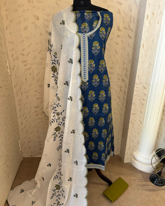 Block print combination suit set with embroidered cotton silk dupatta