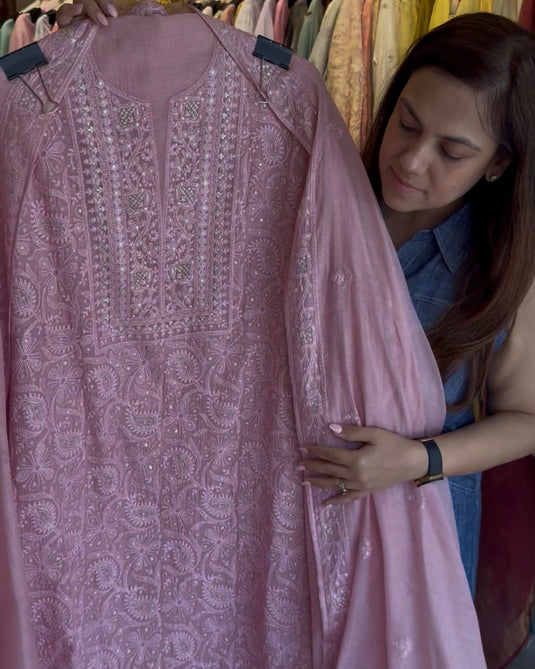 Chikankari work pure Mul Chanderi suit set