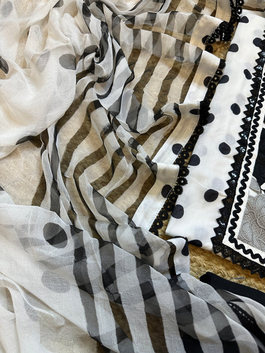 Polka dots with crochet neck and georgette polka dots dupatta