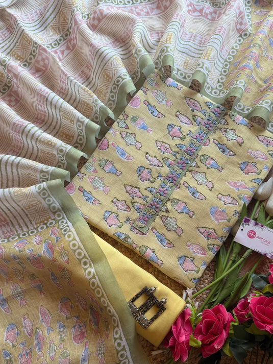 Linen Kantha work digital fish suit set