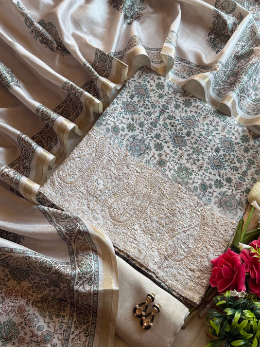 Beige flower Tussar silk Dori work border suit set