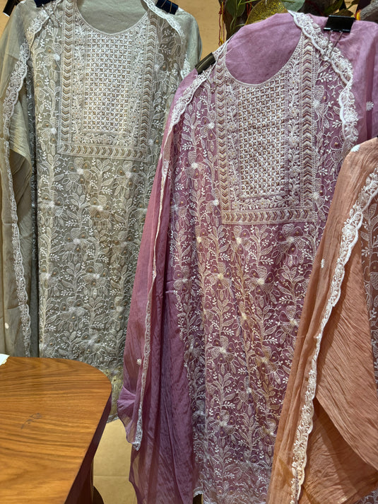 Lucknawi work Mul Chanderi suit set
