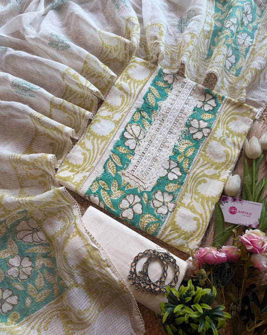 Creamy panel flower suit set with kota block dupatta