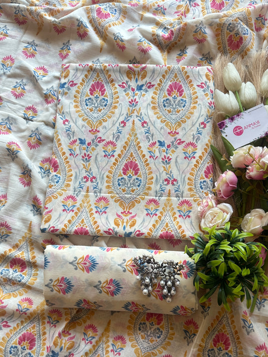 Cream base floral fine Cambric cotton suit set
