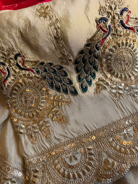 Shimmer silk embroidered dori peacock suit set