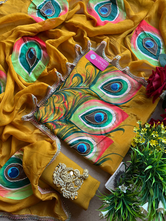 Handpaint Morpankh Upada silk suit set with organza dupatta and highlights
