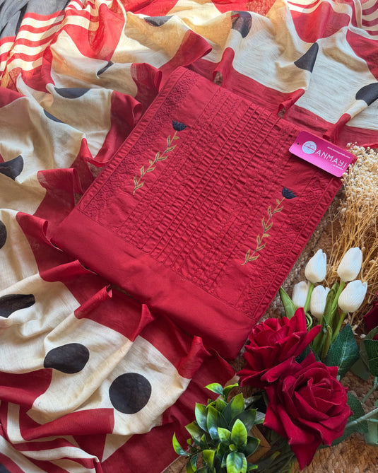 Cotton pintex machine embroidery neck with Mul cotton print dupatta