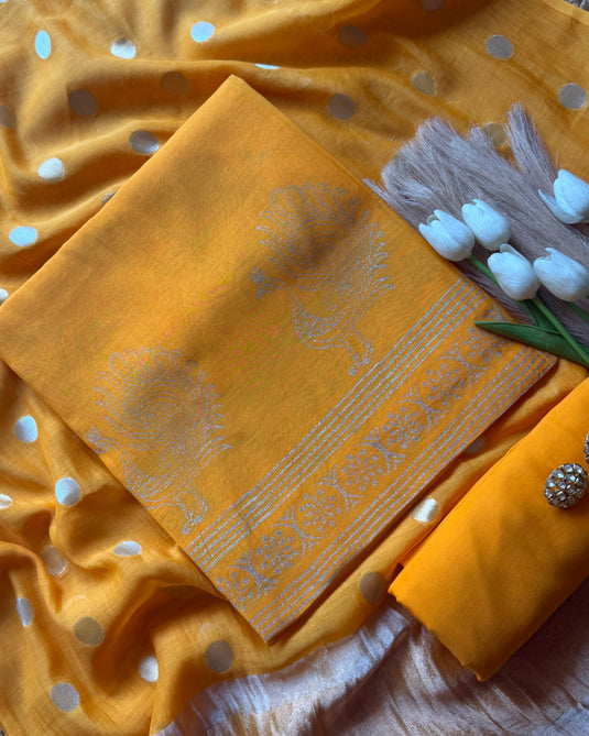 Pure Mul Chanderi block print suit set with Zari weave dupatta