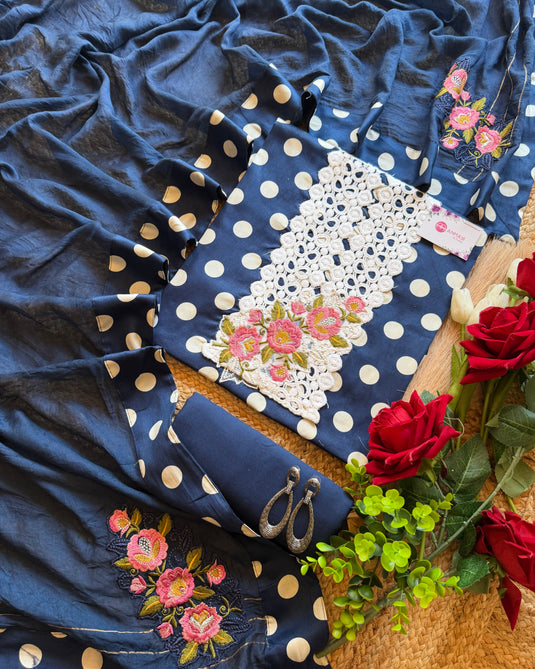 Polka Dots crochet neck with embroidered dupatta