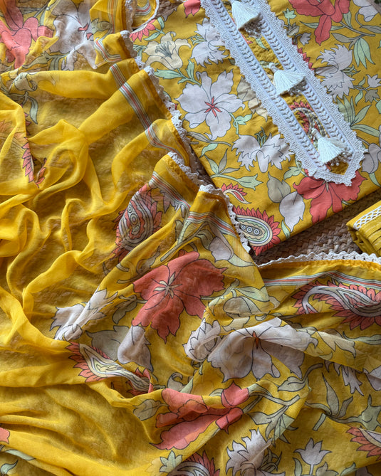 Cotton Pakistani tassel neck yellow floral suit set