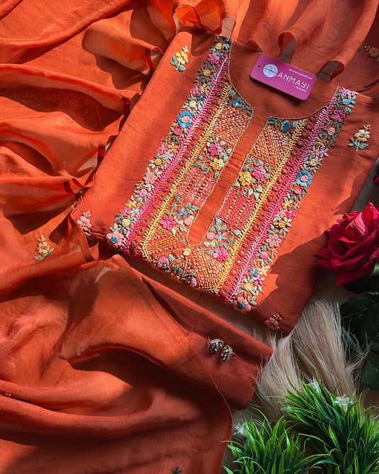 Pure raw silk French knot work suit with organza dupatta