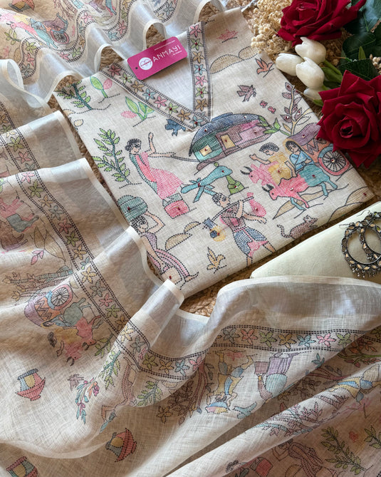 Kantha digital print linen ivory suit set