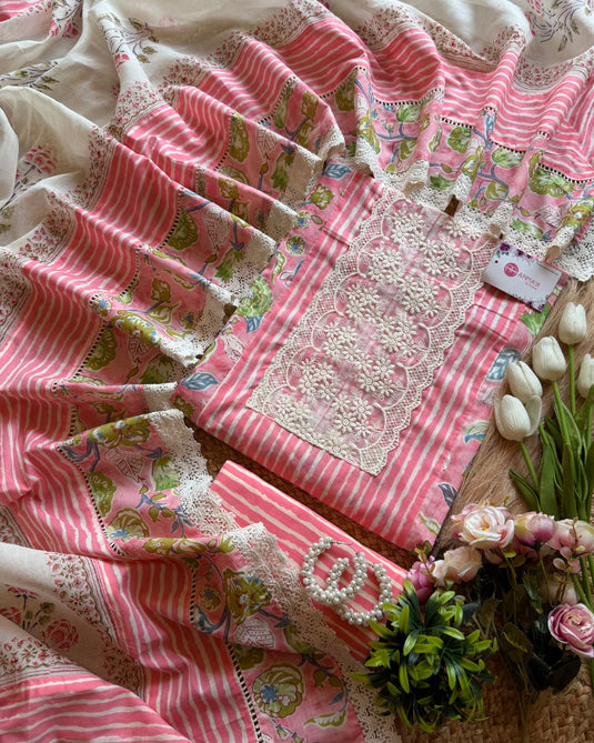 Lace neck French print cotton suit set