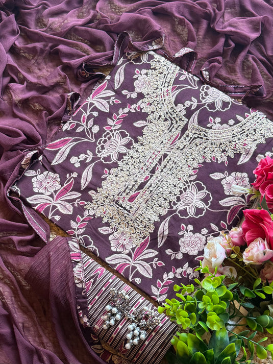 Bright floral Dori neck cotton suit set with chiffon dupatta