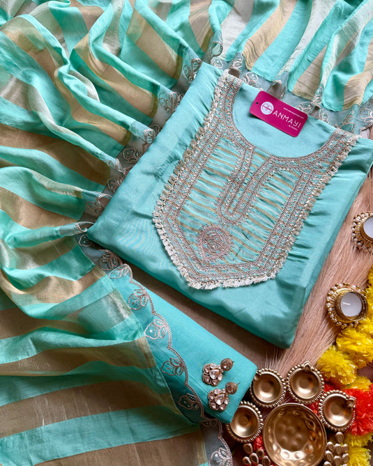 Shimmer silk kurta neck suit set with banarasi dupatta