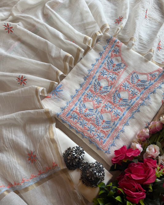 Ivory pure Mul chanderi suit with chikankari embroidery