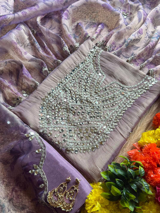 Shimmer silk mirror work suit set with organza floral dupatta