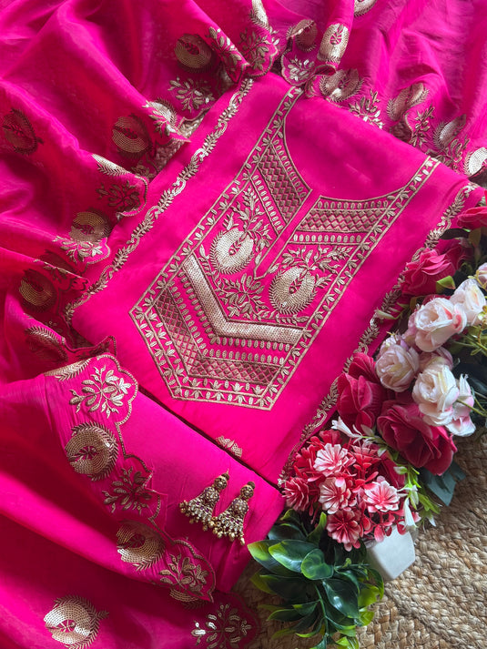 Seaquins Pakistani pattern bright mul chanderi suit set