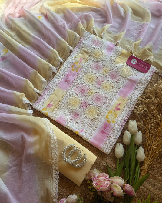 Shaded pastel crochet work cotton suit with cotton dupatta