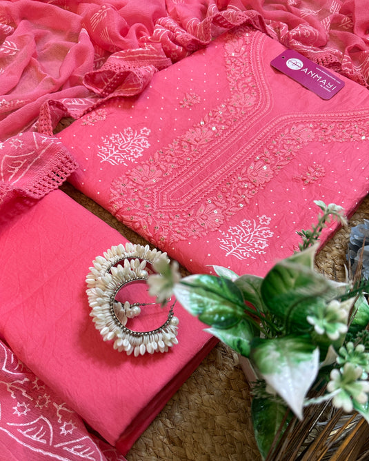 Lucknawi Chikankari pure cotton block print suit with chiffon dupatta