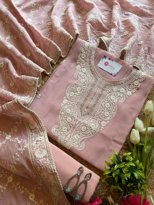White dori work soft mul chanderi suit set