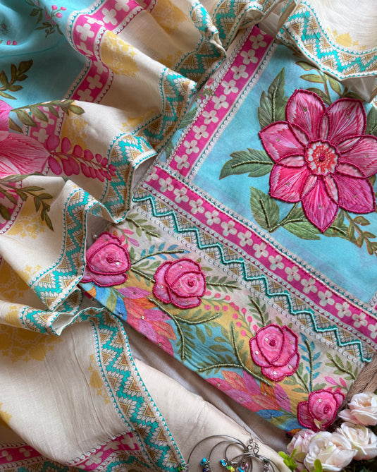 Arabic Mul Chanderi cotton coloured pearl suit set