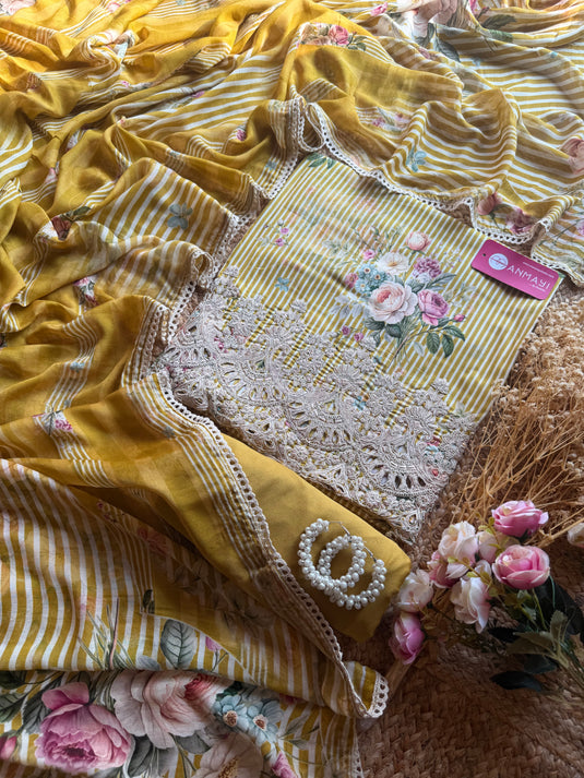 Digital floral stripes cotton suit set with muslin dupatta
