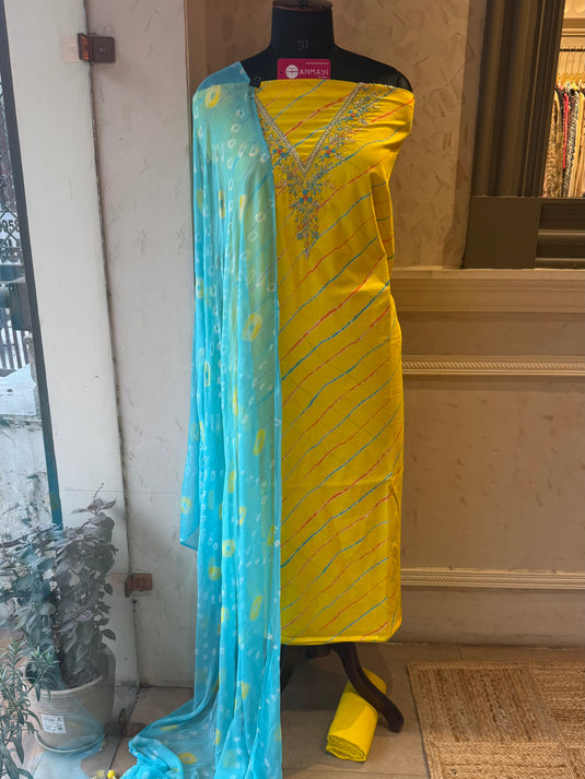 Pure cotton lehria yellow ferozi combination suit set with chiffon bandhani dupatta