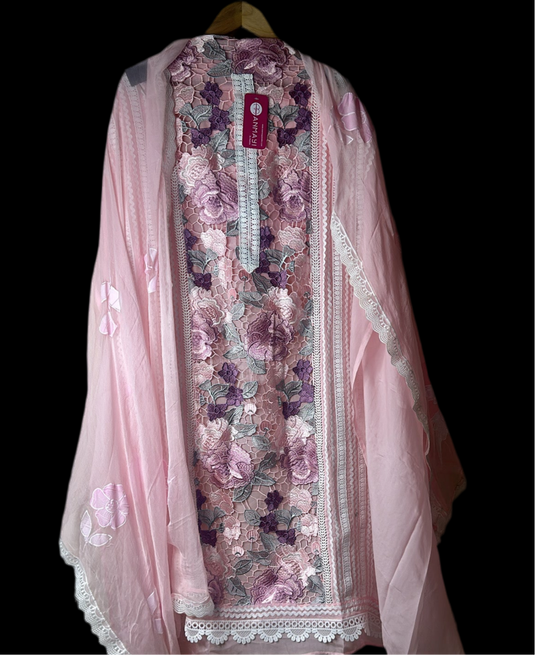 Pakistani pastel pink organza suit with crochet details