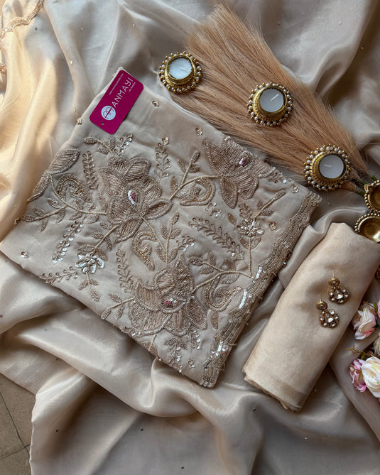 Hand Embroidered Ivory Shimmer Organza suit set