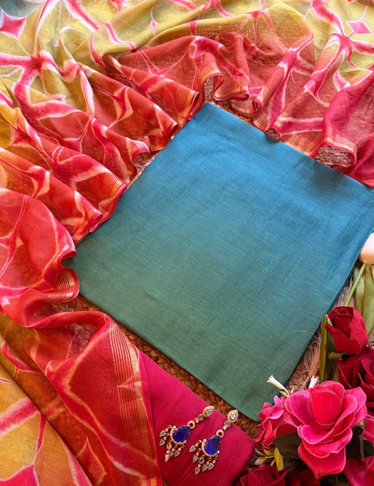 Ombré pure Mul Chanderi suits with combination bottom and Shibori dyed dupatta