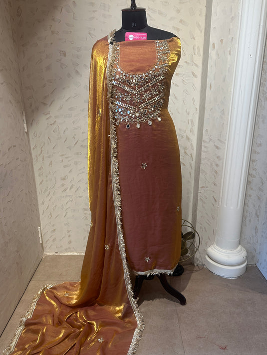 Mirror work rose gold shimmer silk suit set with fringe lace details